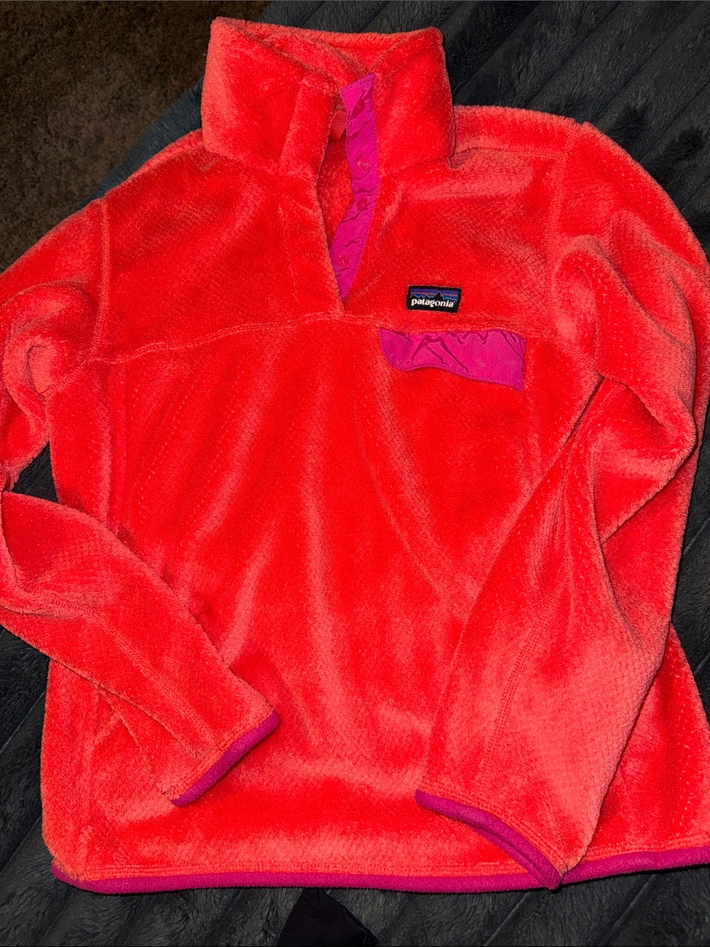Patagonia womens Bright Red Quarter-Zip Fleece with Purple Trim